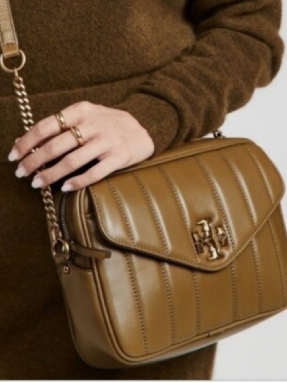 Tory Burch Olive Green Quilted Leather Camera Crossbody with Gold Logo